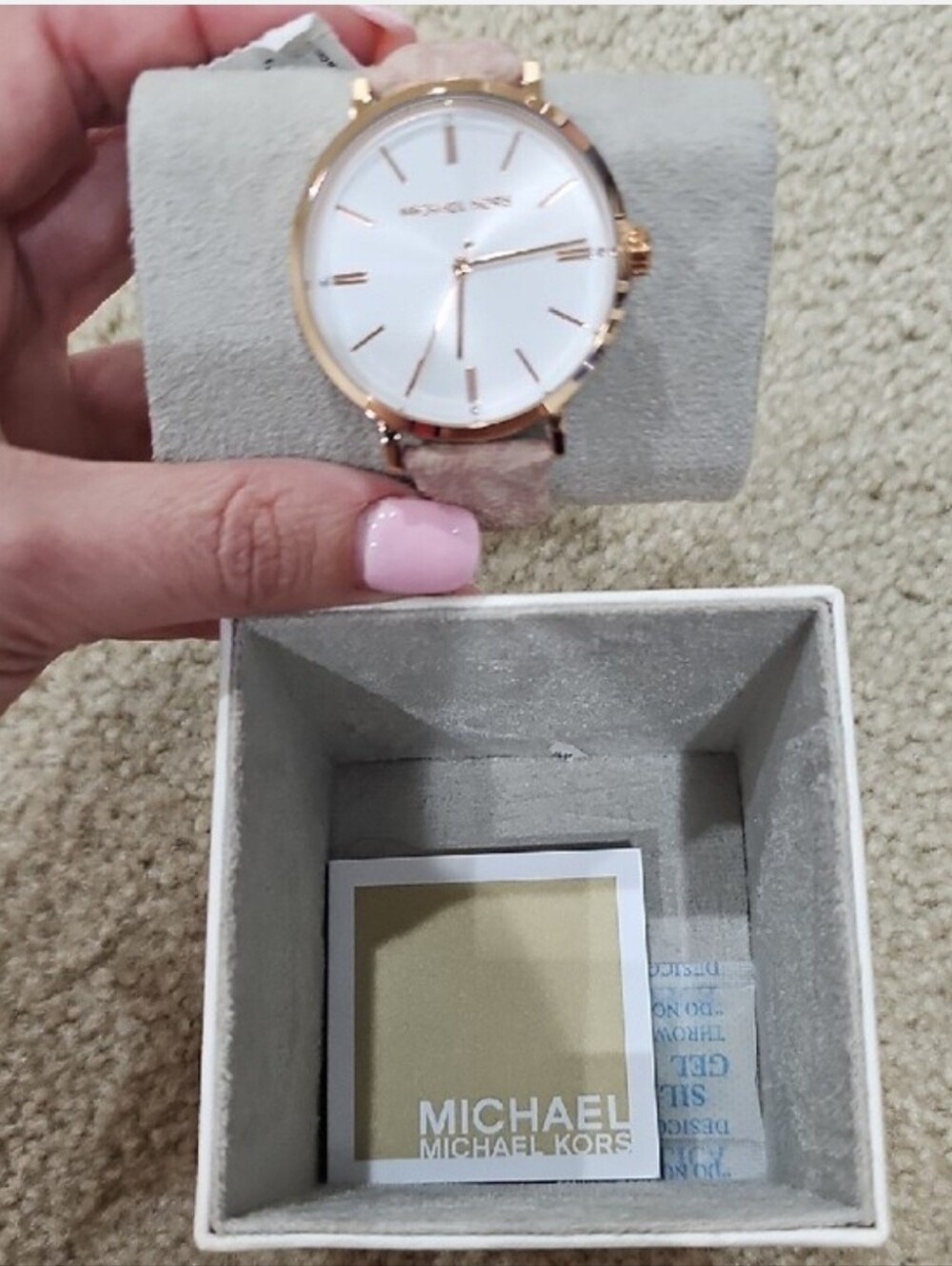 New With Tag! Michael Kors Gold-Tone Case with Light Pink Fabric Strap Watch.